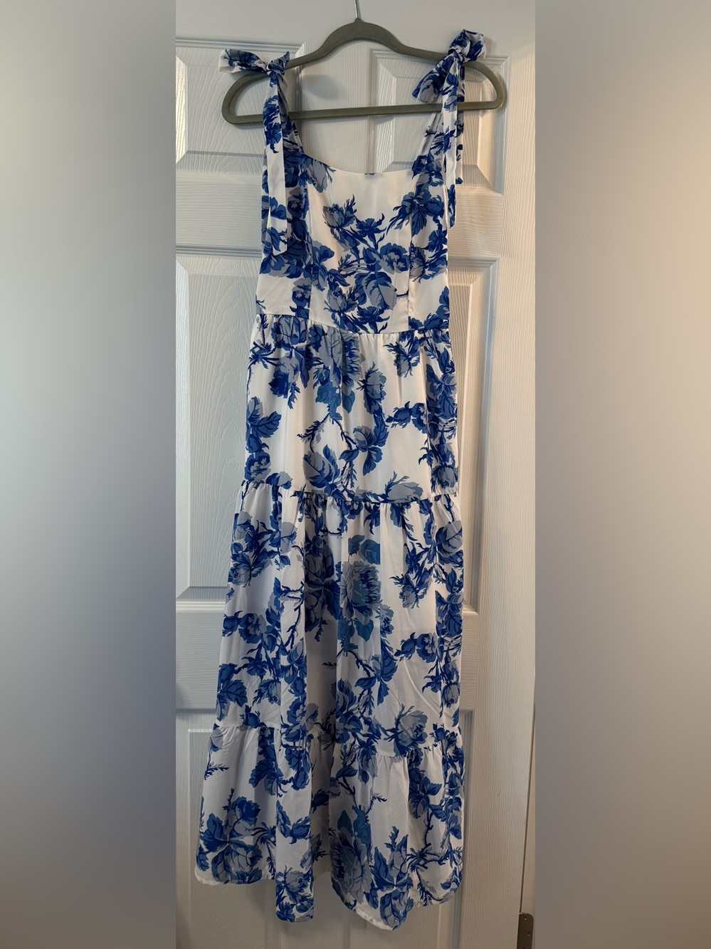 SHEIN White Maxi Dress with Blue Floral Tie-Straps